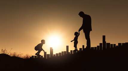 Naklejka premium Silhouette Adults helped build the foundation for a child to grow up and grow efficiently over blurred natural team responsible for the idea of progress concept,,generative ai
