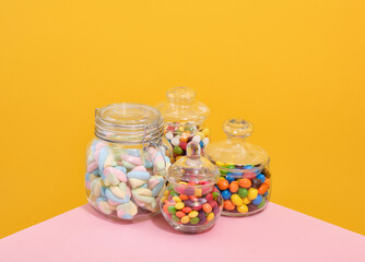 Candy colorful collection. A variety of dishes for storing sweets. Fresh marshmallow.