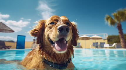 Image of dog on vacation at swimming pool