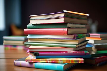 Fototapeta premium Close-up of heap of books and textbooks on desk in classroom, generative AI