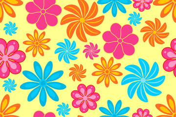Abstract colorful flowers in a seamless repeat pattern - Vector Illustration