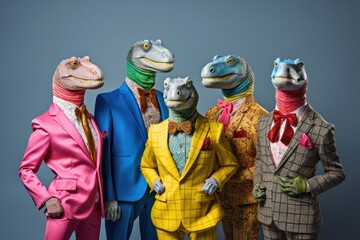 Obraz premium Colorful Reptilian Fashionistas - Chic Anthropomorphic Group