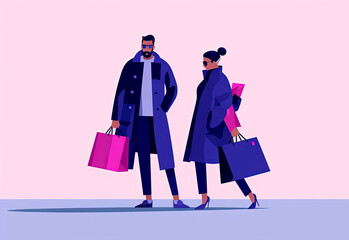 Generative AI illustration of couple carrying shopping bags in vector illustration style with pastel colors
