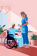 Generative AI illustration of nurse caring for elderly woman in wheelchair in vector illustration style with pastel colors