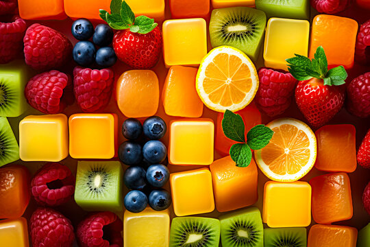  Fruit puzzle. Food background ,pattern. Variety of fruit cubes. Flat lay, top view. Generative Ai