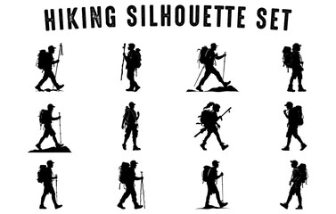 Hiking man vector Silhouette set, Hiker Silhouettes, Silhouettes of Hiker with a backpack