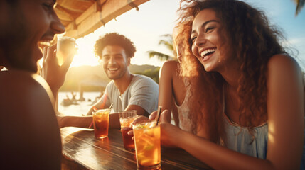 Happy young people cheering cocktail glasses together on summer beach party - Multi ethnic friends enjoying happy hour sitting at bar table - Food and beverage lifestyle concept