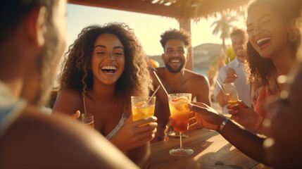 Happy young people cheering cocktail glasses together on summer beach party - Multi ethnic friends enjoying happy hour sitting at bar table - Food and beverage lifestyle concept - obrazy, fototapety, plakaty