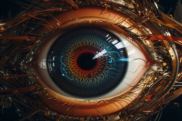 Imitation of the human eye in a robot. Spy surveillance concept. AI generated.