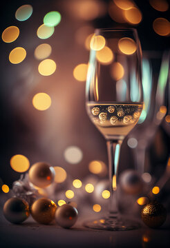 Christmas glass of champagne close-up on a background of lights. AI Generated
