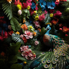 Peacock with tropical exotic flowering plants and flowers background 