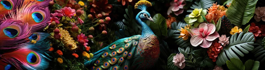  Panoramic collage with Peacock and tropical  flowers  background © nnattalli
