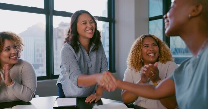 B2B partnership, applause or business people handshake for welcome, collaboration or company teamwork, success and innovation. Happy, trust or women shaking hands for deal, thank you or job promotion