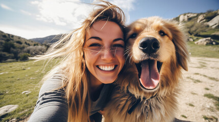 Happy woman and dog taking selfie outdoors - Owner having enjoying sunny day with its dog playing together outside - Animals and human love