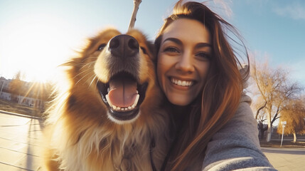 Happy woman and dog taking selfie outdoors - Owner having enjoying sunny day with its dog playing together outside - Animals and human love