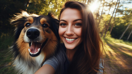 Happy woman and dog taking selfie outdoors - Owner having enjoying sunny day with its dog playing together outside - Animals and human love - obrazy, fototapety, plakaty