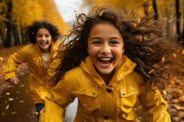 Children Smiling Autumn Background Generative AI - obrazy, fototapety, plakaty