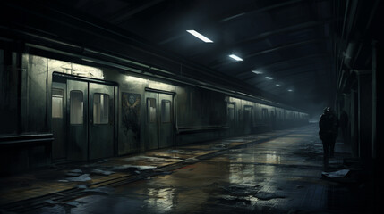 Halloween Scary scene background Midnight Atmosphere in a haunted train station