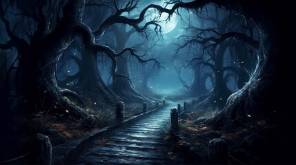 Halloween Scary scene background Moonlit dark horror Thriller Forest shadow midnight walkway path