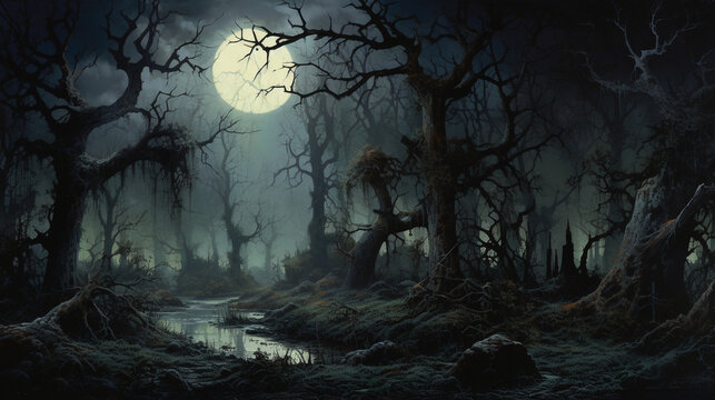 Halloween Scary scene background Moonlit dark horror Forest shadow midnight