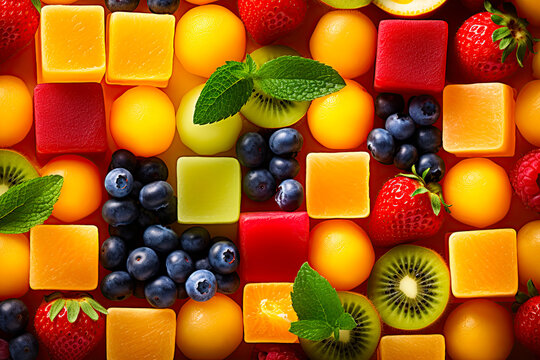  Fruit puzzle. Food background ,pattern. Variety of fruit cubes. Flat lay, top view. Generative Ai