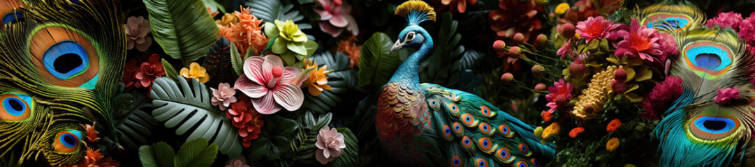 Obraz na płótnie Canvas Peacock with exotic plants, flowers, panoramic collage background