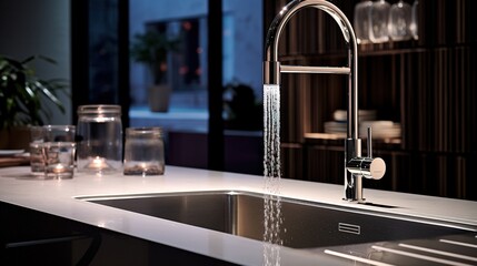 Kitchen water mixer. Water tap made of chrome material, Generative AI