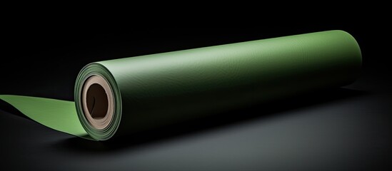 A green roll of paper is shown against a black background. It can serve as a space for advertising, copy, or text. This paper can be used as a template.