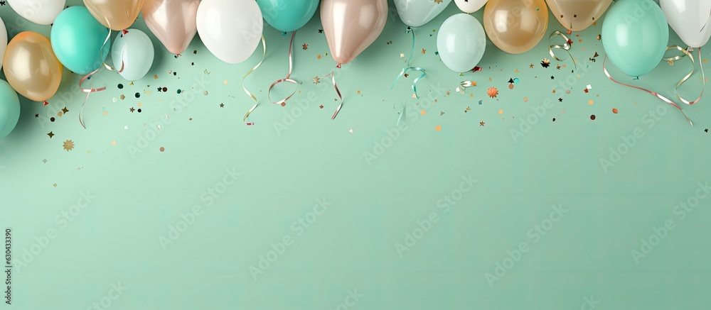 Aufkleber a background image that features birthday balloons, confetti, and ribbons on a pastel green backgrou