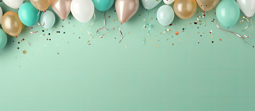 a background image that features birthday balloons, confetti, and ribbons on a pastel green background. is taken from a top view and has enough space for additional text. It would be suitable for
