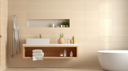 Fototapeta na wymiar Cream light ceramic wall chequered and floor tiles mosaic background in bathroom.