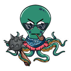 Cartoon cyborg octopus character with glasses smoking a pipe with a war mace. Illustration for fantasy, science fiction and adventure comics