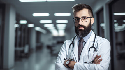 Male medicine doctor, in hospital background - obrazy, fototapety, plakaty