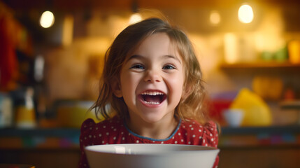 Adorable little girl eating breakfast in the kitchen at home. Healthy food for kids.