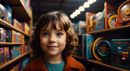 Jeune enfant souriant dans un magasin de jouets. - obrazy, fototapety, plakaty