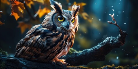 Close-up photo of an owl at night in the forest. Generative AI - Powered by Adobe
