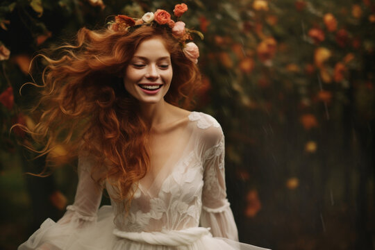 portrait of a happy woman/model/bride in a wedding dress engagement fashion/beauty editorial magazine style film photography look in autumn/fall background - generative ai art