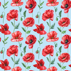 Poppy summer background, Seamless floral pattern with red flowers, watercolor. Template design for textiles, wallpaper