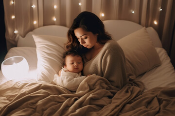 Happy mother and baby in bed at home at christmas time.