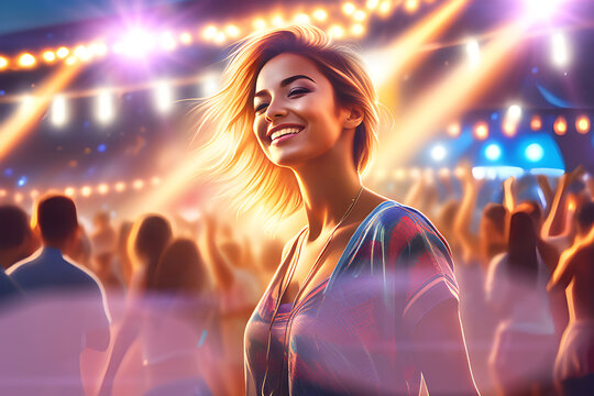  Portrait d'une jeune femme heureuse &agrave; un festival de musique.
