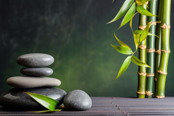 Relaxing decoration with bamboo and stones. Generative AI.