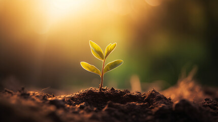 Small tree growing with sunrise. green world and earth day concept with green bokeh background, nurturing a baby plant, protect nature, Earth day concept - obrazy, fototapety, plakaty