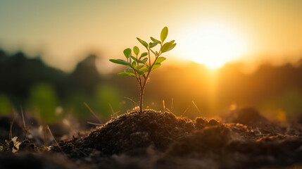 Small tree growing with sunrise. green world and earth day concept with green bokeh background, nurturing a baby plant, protect nature, Earth day concept - obrazy, fototapety, plakaty