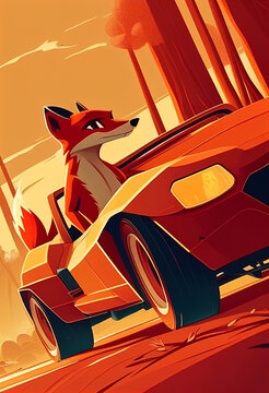 Red Fox Rides In A Red Sports Car In Animation Style. AI Generated