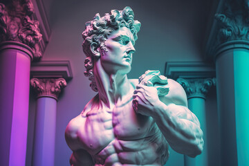 Marble statue of Apollo in neon light. God of  ancient Greek mythology.