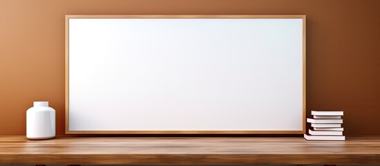 A wooden table holds a white smart TV screen that is blank and empty.