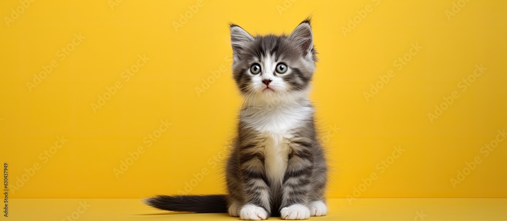 Poster A small gray and white kitten with a curious facial expression is sitting on a yellow background. The cat is isolated and empty space around it.