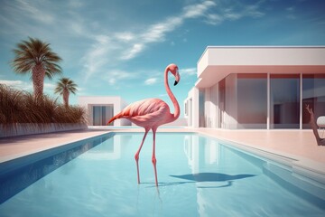 Graceful Flamingo at Dreamlike Poolside: Serene and Elegant Composition