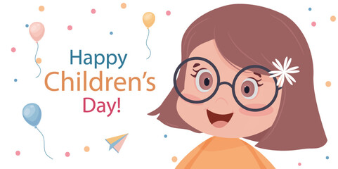 The concept of international children's day. Vector postcard or banner of a portrait of a happy girl.