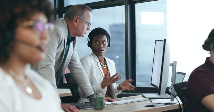 Call center, consulting and training with black woman in office for customer service, technical support and help desk. Telemarketing, contact us and communication with employee for mentor and advice